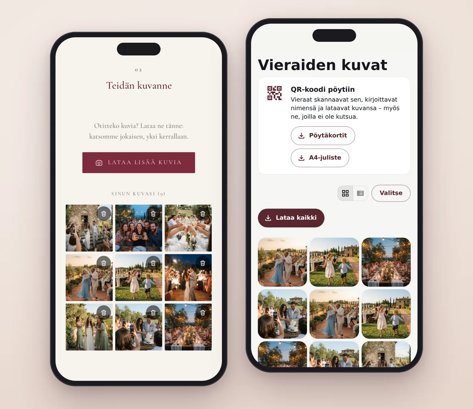 Vasemmalla kutsun ”Teidän kuvanne” -osio vieraan lataamine kuvineen; oikealla hääparin sivu, jossa ovat kaikki kuvat ja pöytien QR-koodi.