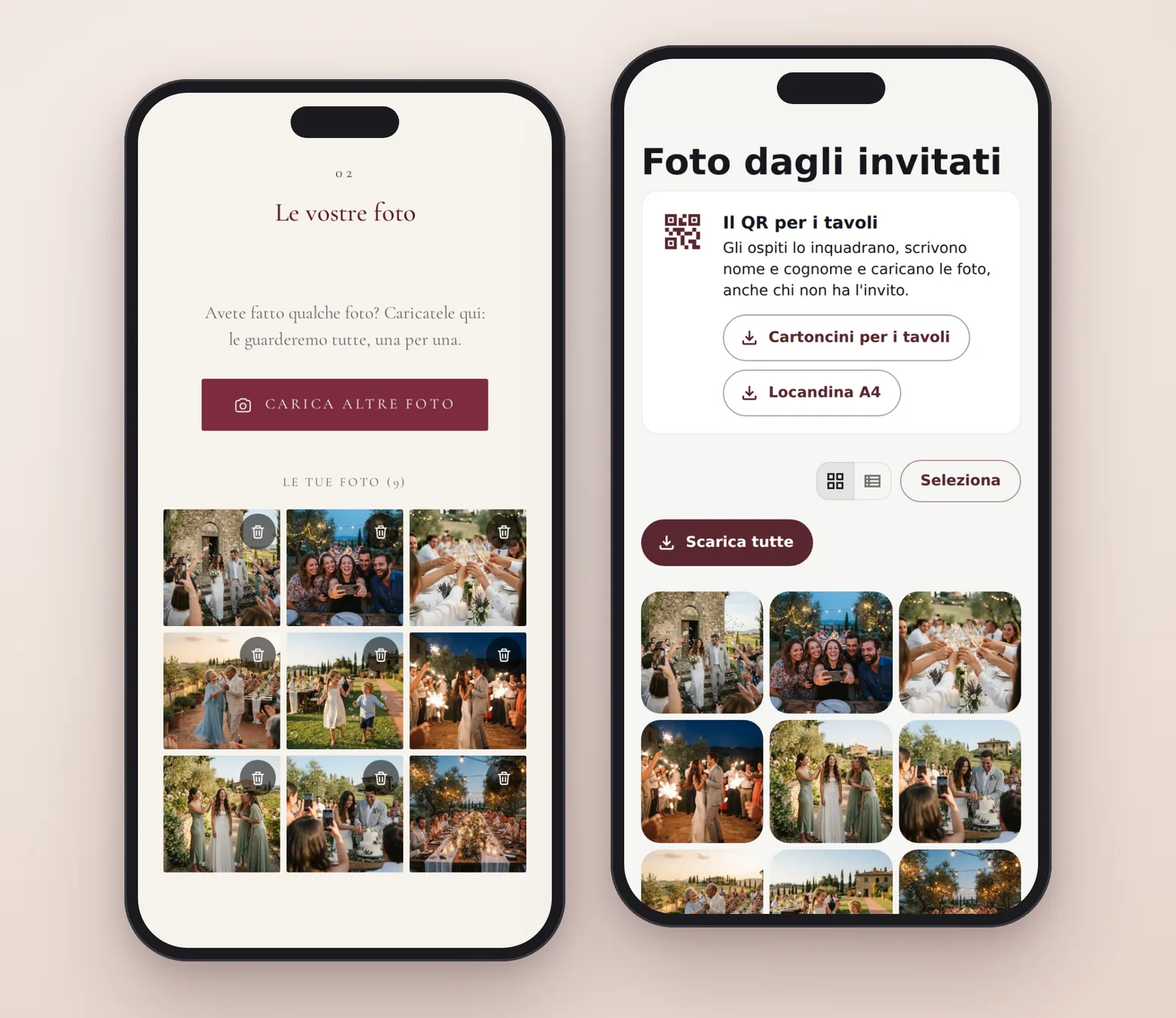 A sinistra la sezione «Le vostre foto» dell'invito con le foto caricate da un ospite; a destra la pagina degli sposi con tutte le foto e il QR per i tavoli.