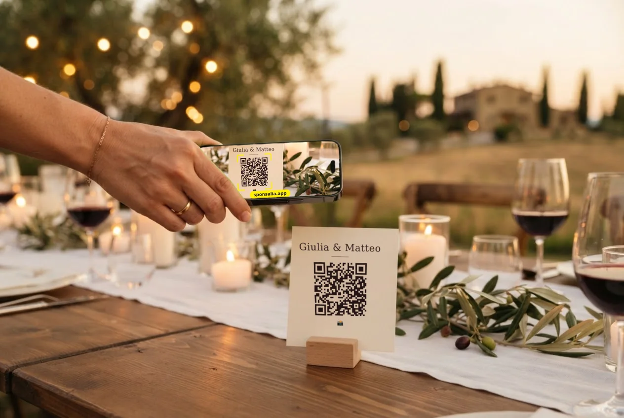 A guest points their phone at the QR code printed on the table card, among candles and glasses.