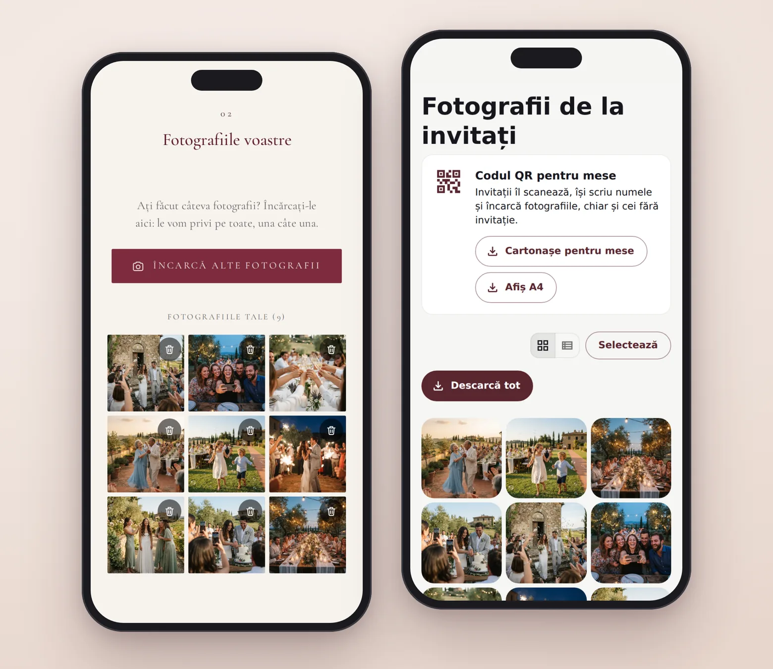 În stânga, secțiunea „Fotografiile voastre” din invitație, cu pozele încărcate de un invitat; în dreapta, pagina mirilor cu toate fotografiile și codul QR pentru mese.