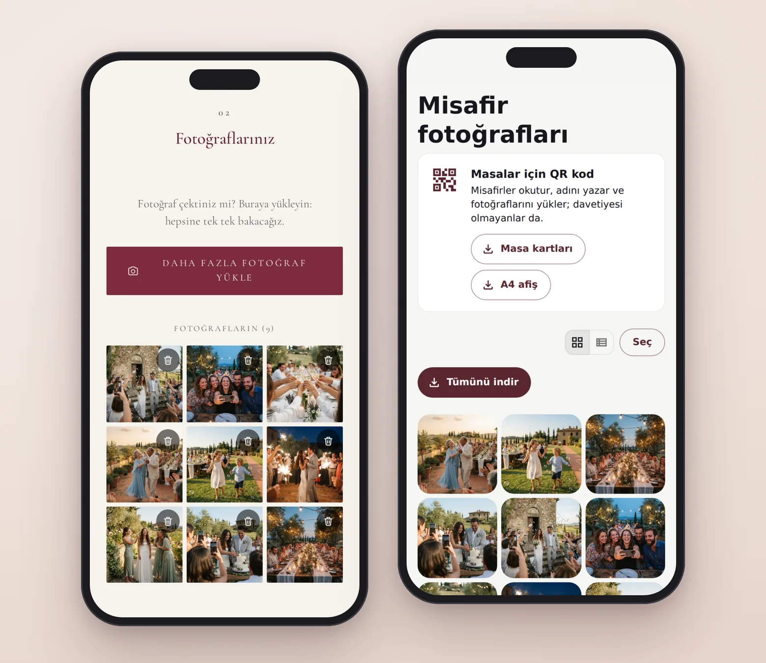 Solda, bir misafirin yüklediği fotoğraflarla davetiyenin “Fotoğraflarınız” bölümü; sağda, tüm fotoğrafların ve masalar için QR kodun bulunduğu çiftin sayfası.