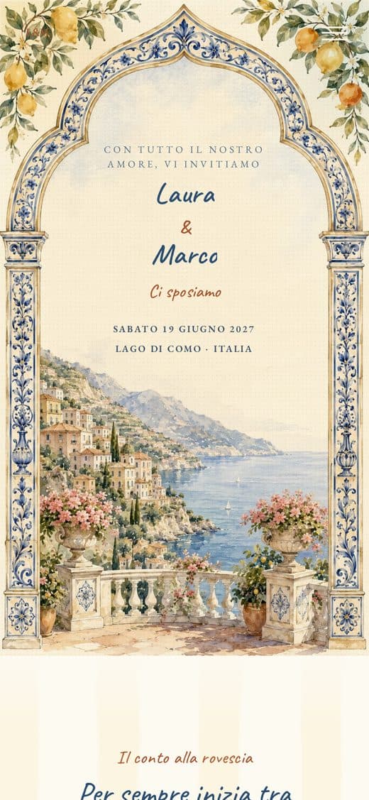 Modello "Acquerello d'Italia" — partecipazione matrimonio digitale ad acquerello con arco di maiolica