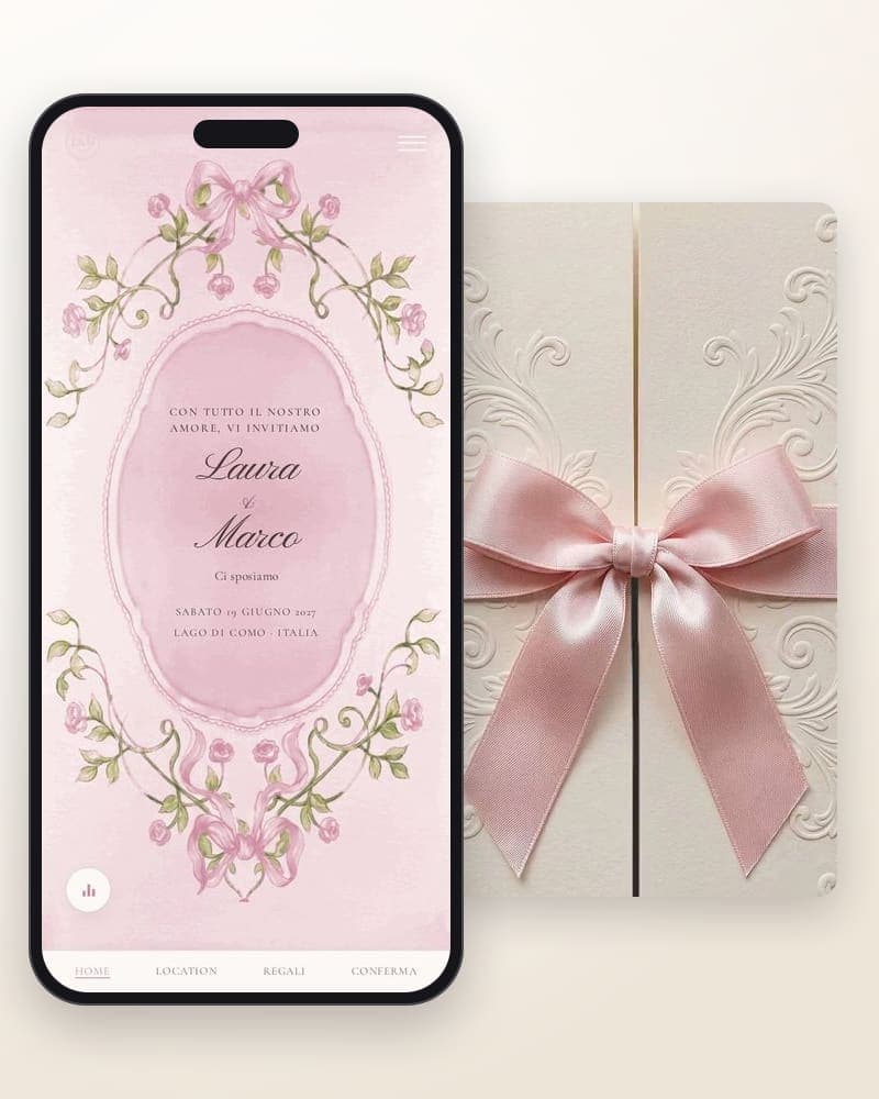 Bloom — Acquerello coquette: nastri, fiocchi e rose attorno a un cartiglio ovale.