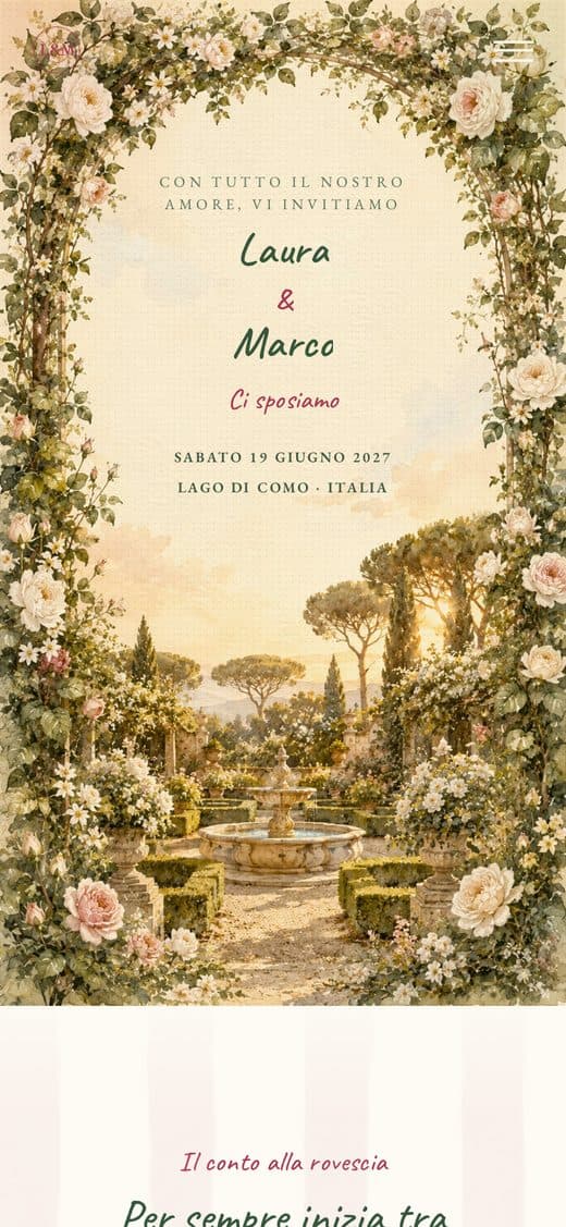 Modello "Il Giardino Segreto" — partecipazione matrimonio digitale con arco di rose ad acquerello