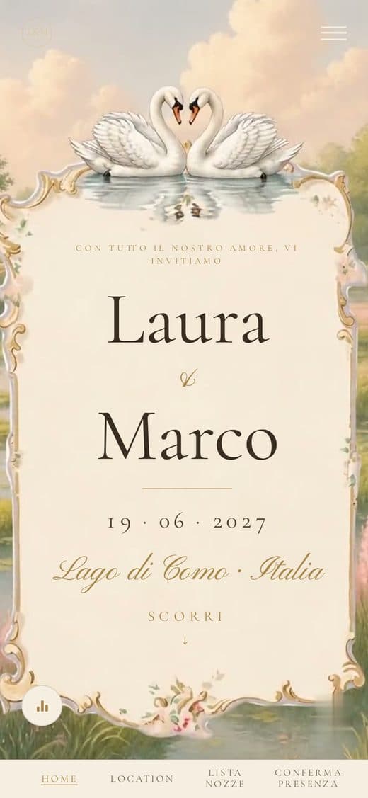Modello "Idillio" — partecipazione matrimonio digitale, cigni dipinti e cornice rococò