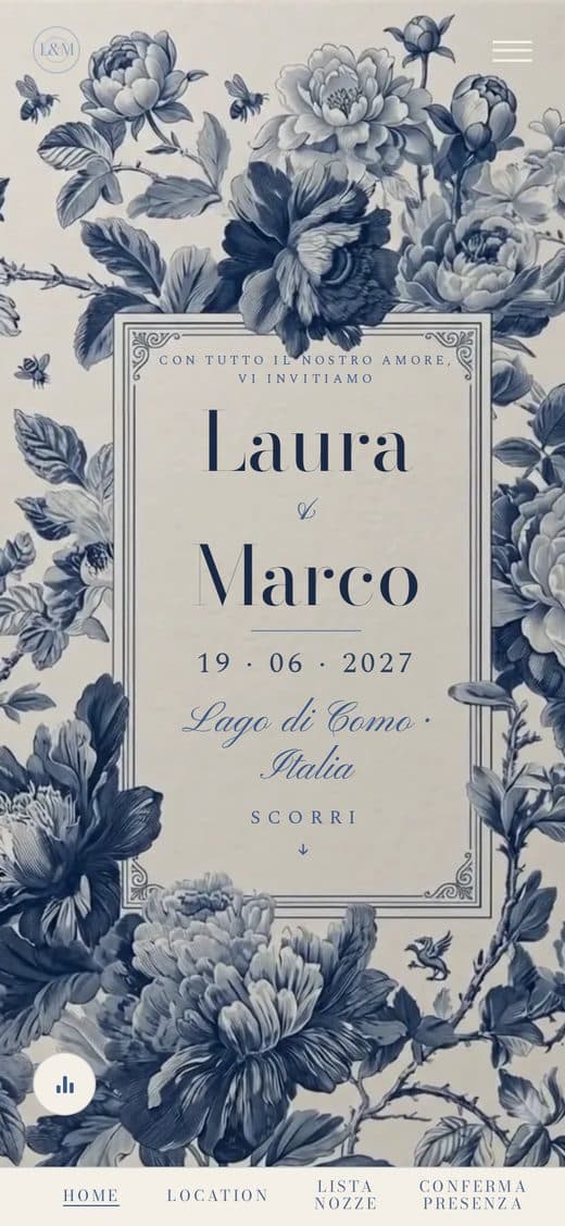 Modello "Toile Bleu" — partecipazione matrimonio digitale, stampa toile blu su carta crema