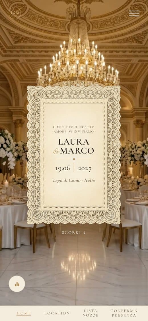 Modello "Villa Cortina" — partecipazione matrimonio digitale, sala da ballo con tende e pizzo