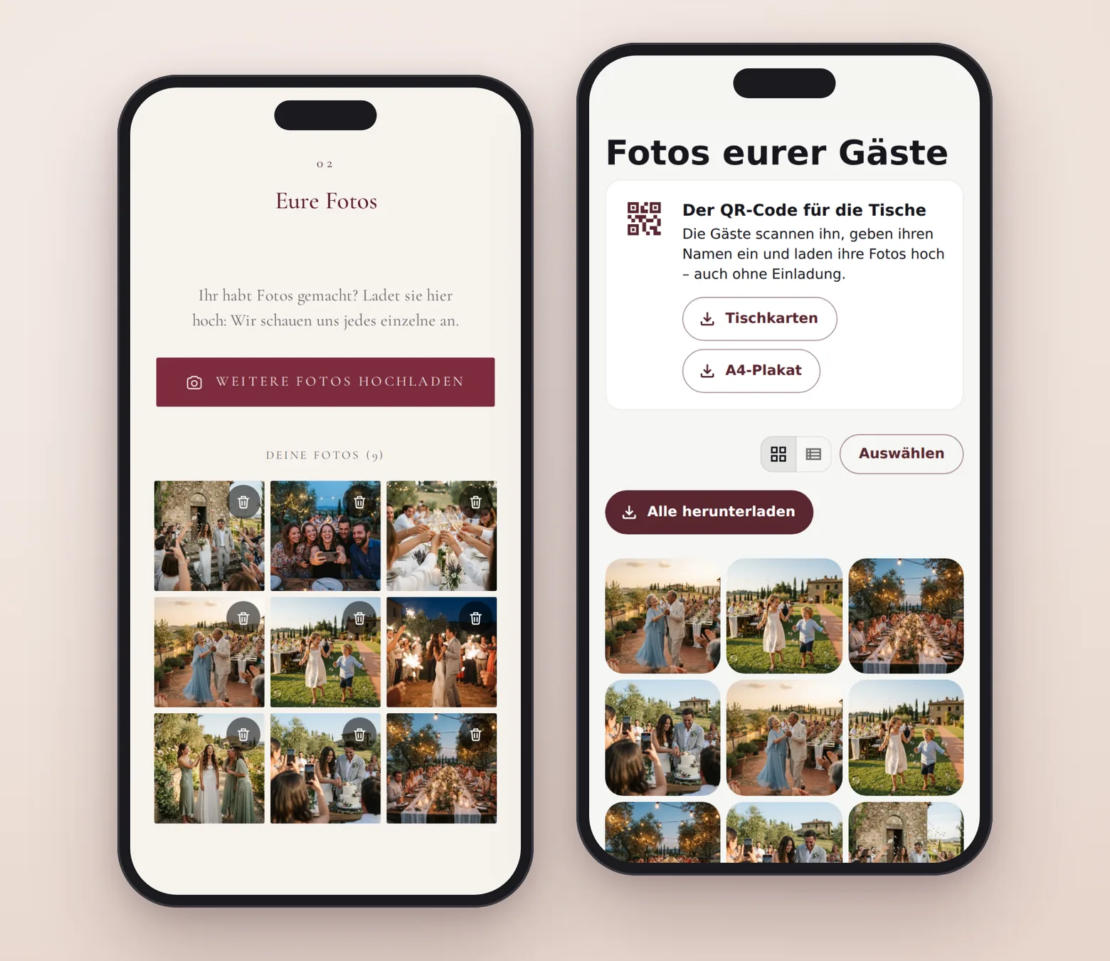 Links der Bereich „Eure Fotos“ der Einladung mit den Fotos eines Gastes; rechts die Seite des Brautpaars mit allen Fotos und dem QR-Code für die Tische.