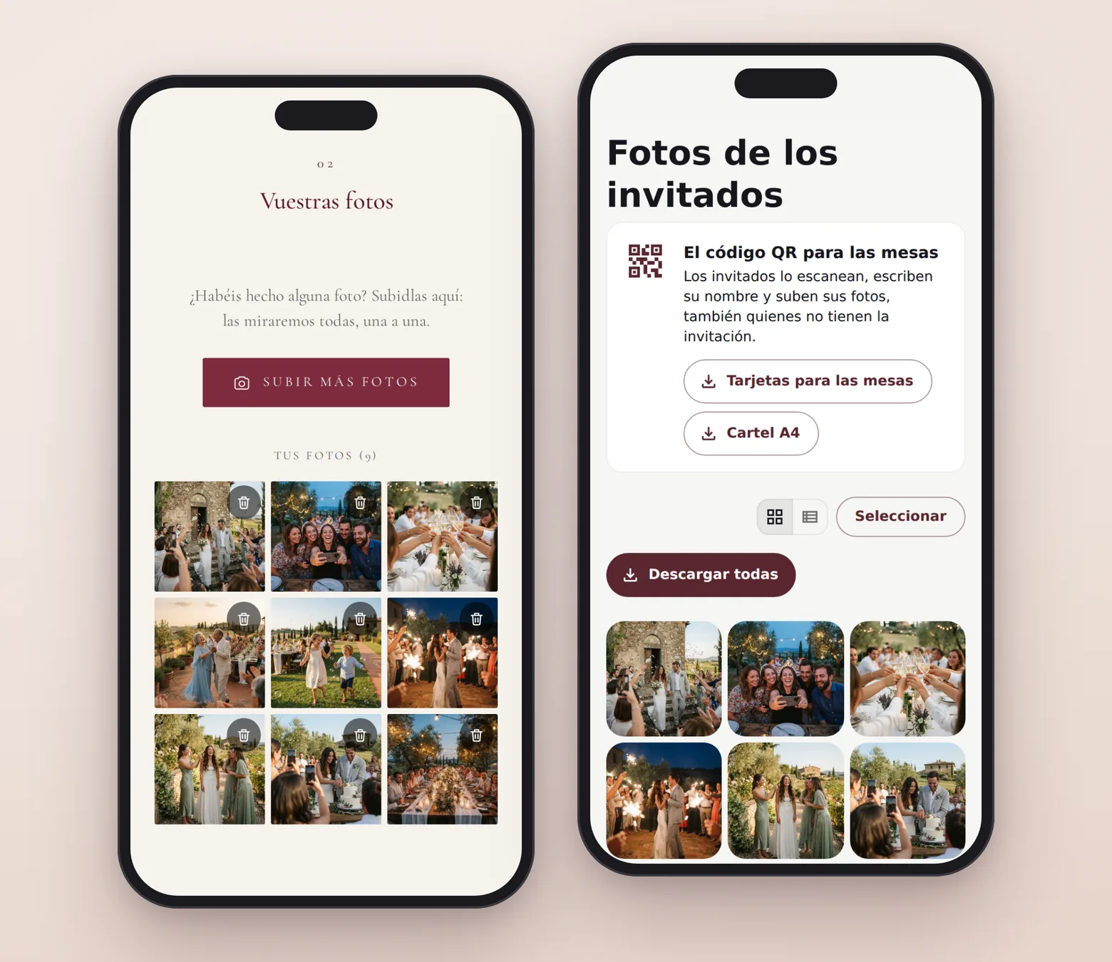 A la izquierda, la sección «Vuestras fotos» de la invitación con las fotos subidas por un invitado; a la derecha, la página de los novios con todas las fotos y el código QR para las mesas.