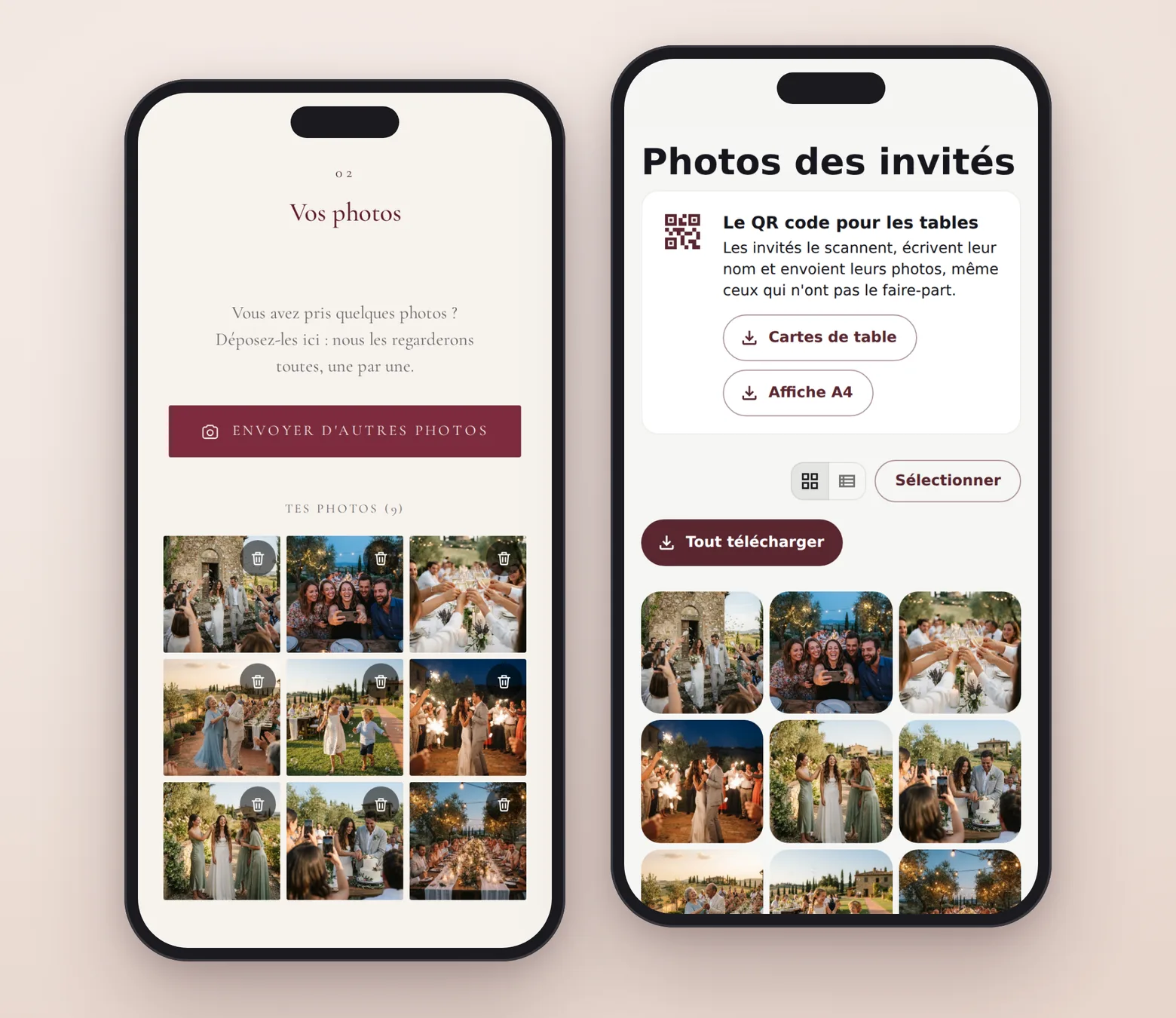 À gauche, la section « Vos photos » de l'invitation avec les photos ajoutées par un invité ; à droite, la page des mariés avec toutes les photos et le QR code pour les tables.