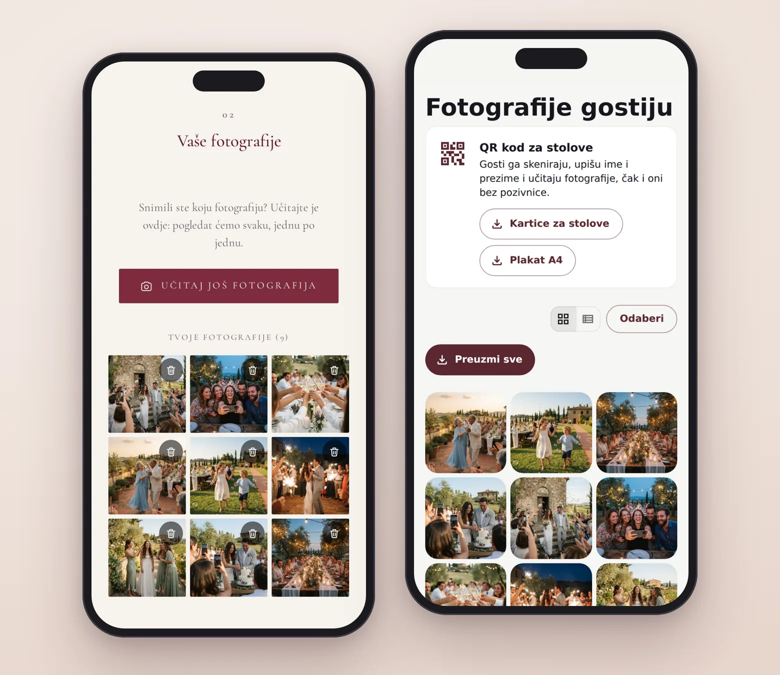 Lijevo odjeljak „Vaše fotografije” u pozivnici s fotografijama koje je učitao gost; desno stranica mladenaca sa svim fotografijama i QR kodom za stolove.