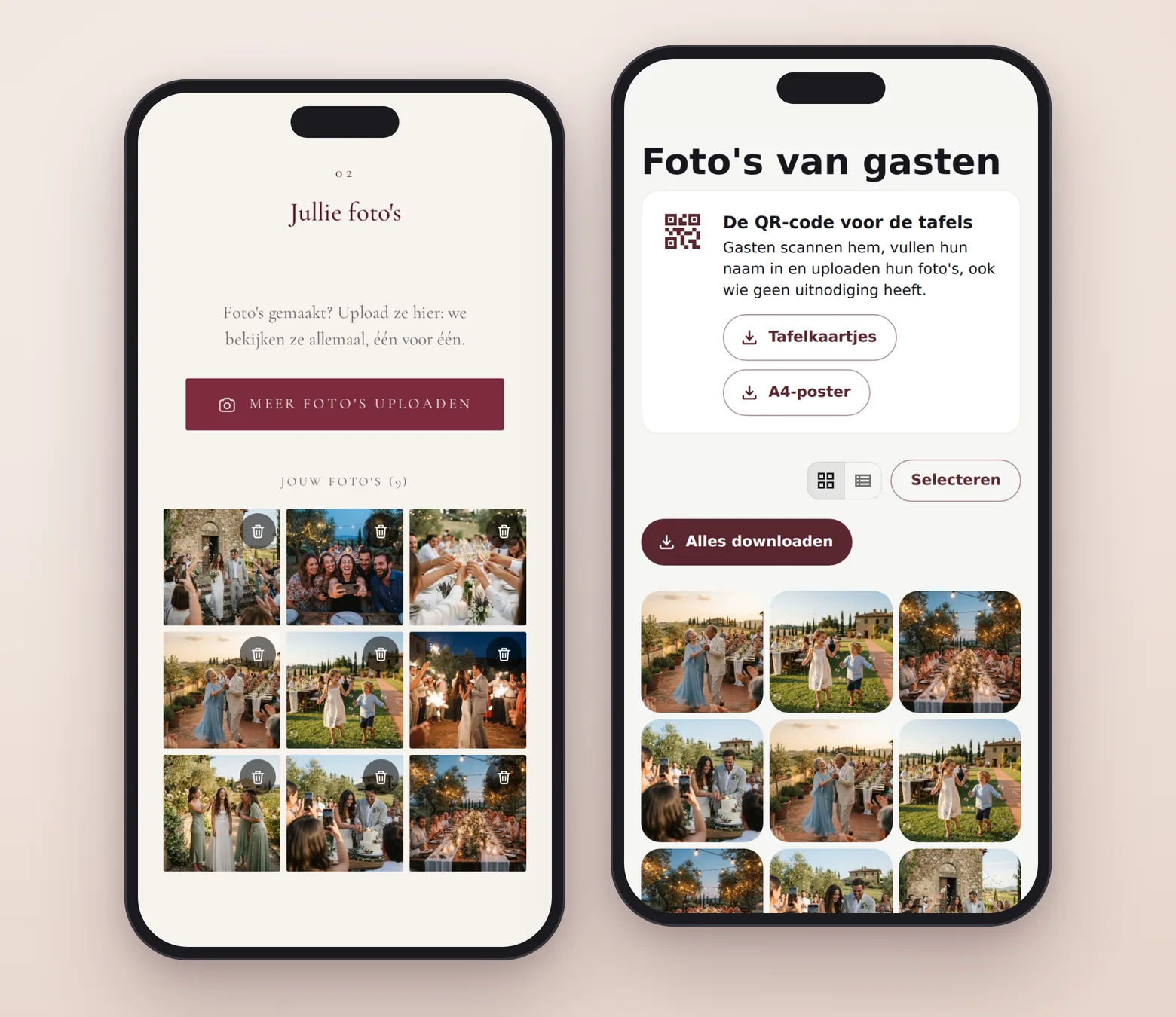 Links het onderdeel ‘Jullie foto's’ van de uitnodiging met de foto's van een gast; rechts de pagina van het bruidspaar met alle foto's en de QR-code voor de tafels.