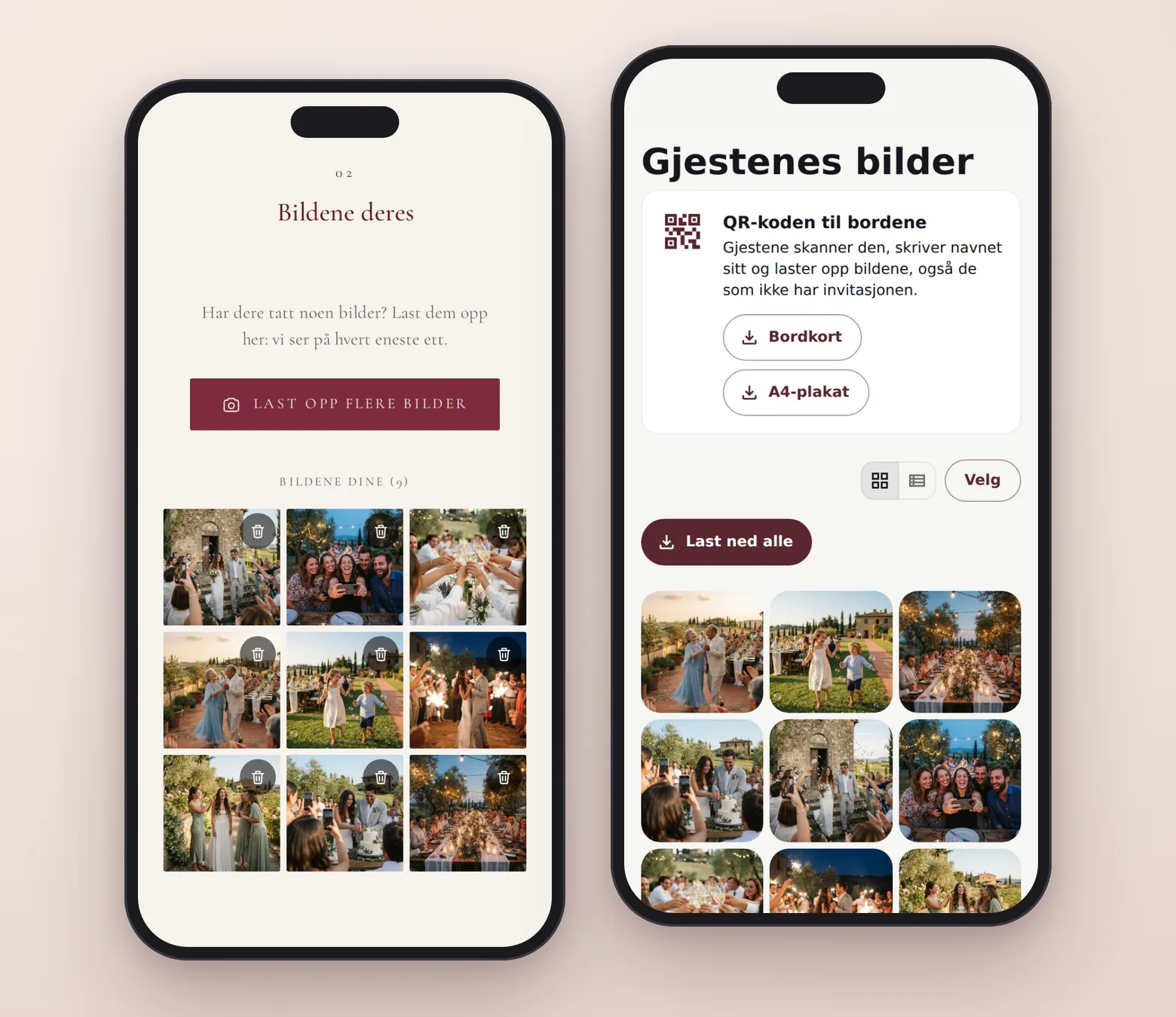 Til venstre invitasjonens del «Deres bilder» med bildene en gjest har lastet opp; til høyre brudeparets side med alle bildene og QR-koden til bordene.