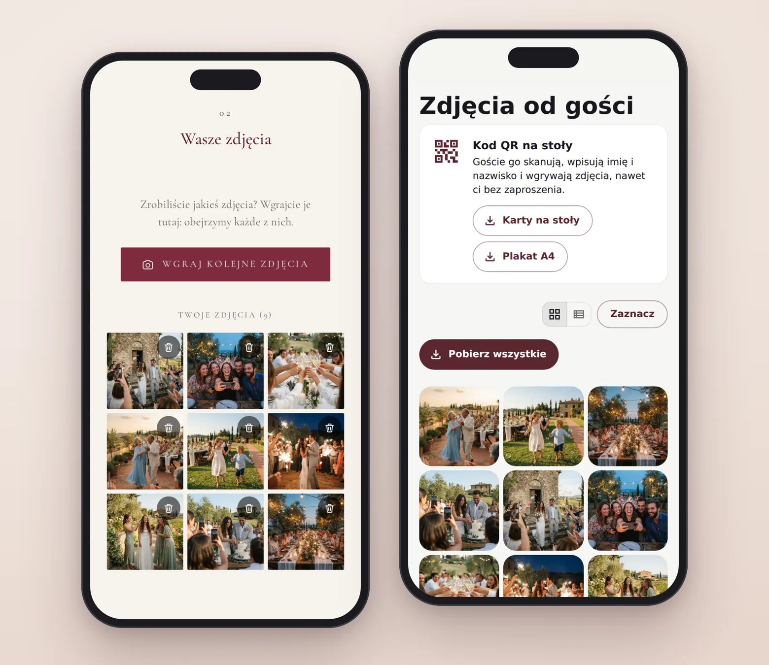 Po lewej sekcja „Wasze zdjęcia” w zaproszeniu ze zdjęciami wgranymi przez gościa; po prawej strona pary młodej ze wszystkimi zdjęciami i kodem QR na stoły.