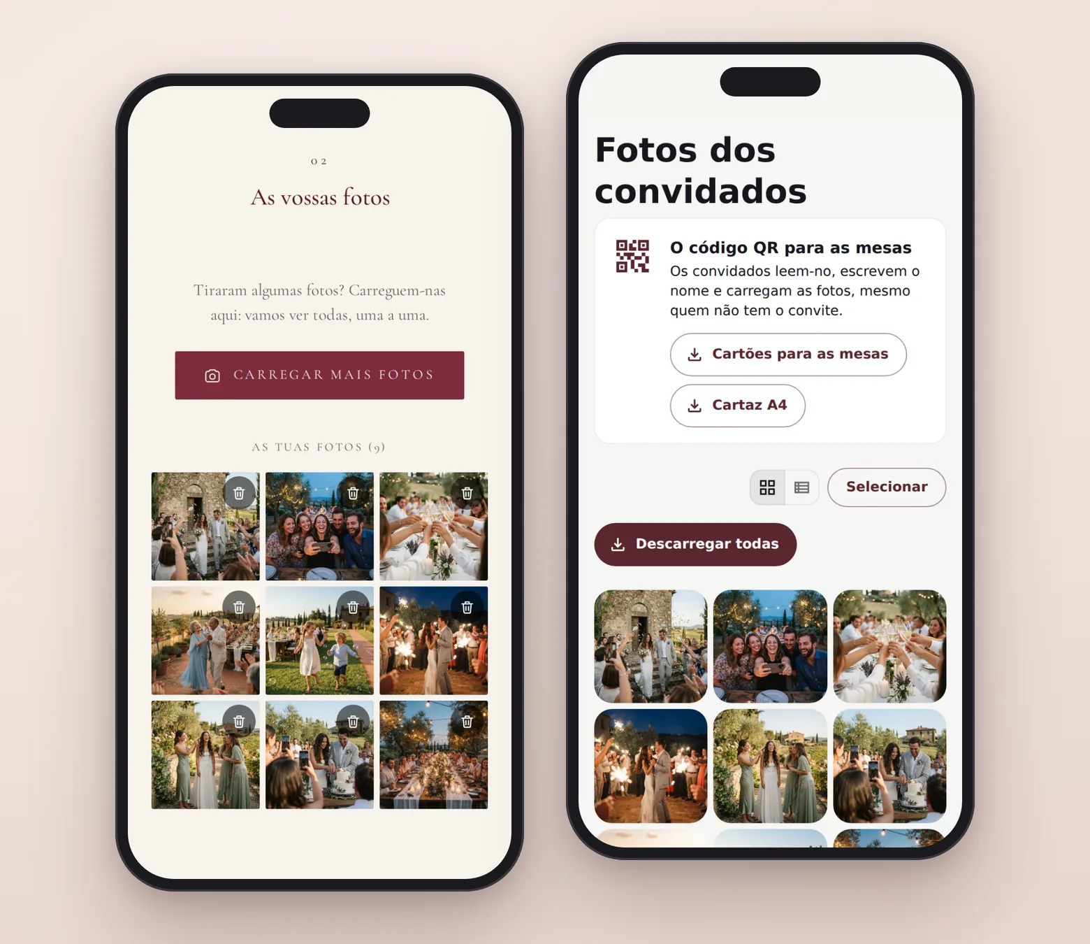 À esquerda, a secção «As vossas fotos» do convite com as fotos carregadas por um convidado; à direita, a página dos noivos com todas as fotos e o código QR para as mesas.
