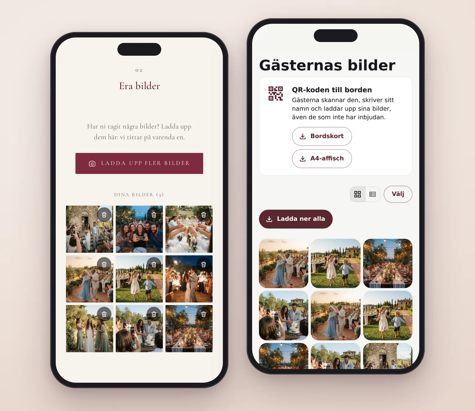 Till vänster inbjudans avsnitt ”Era bilder” med bilder som en gäst har laddat upp; till höger brudparets sida med alla bilder och QR-koden för borden.