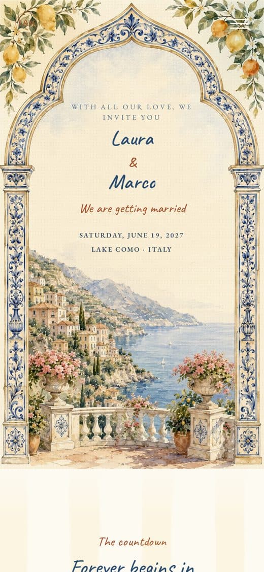 Template "Italian Watercolor" — watercolor digital wedding invitation with maiolica arch