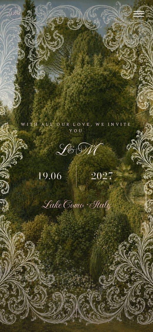 Template "Summer Garden" — digital wedding invitation with a green garden and a pink-lace cartouche