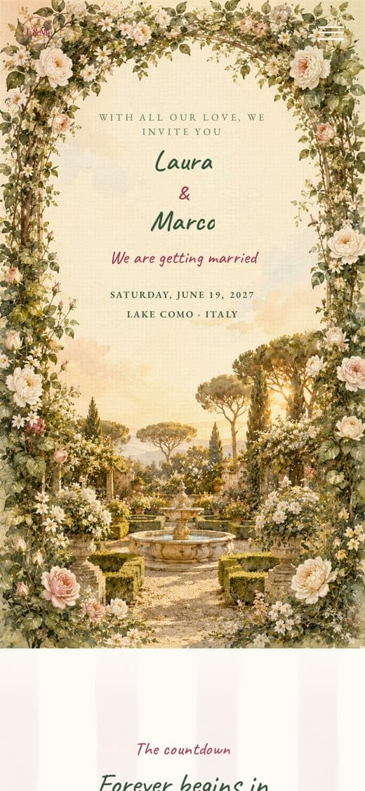 Template "The Secret Garden" — digital wedding invitation with a watercolor rose arch