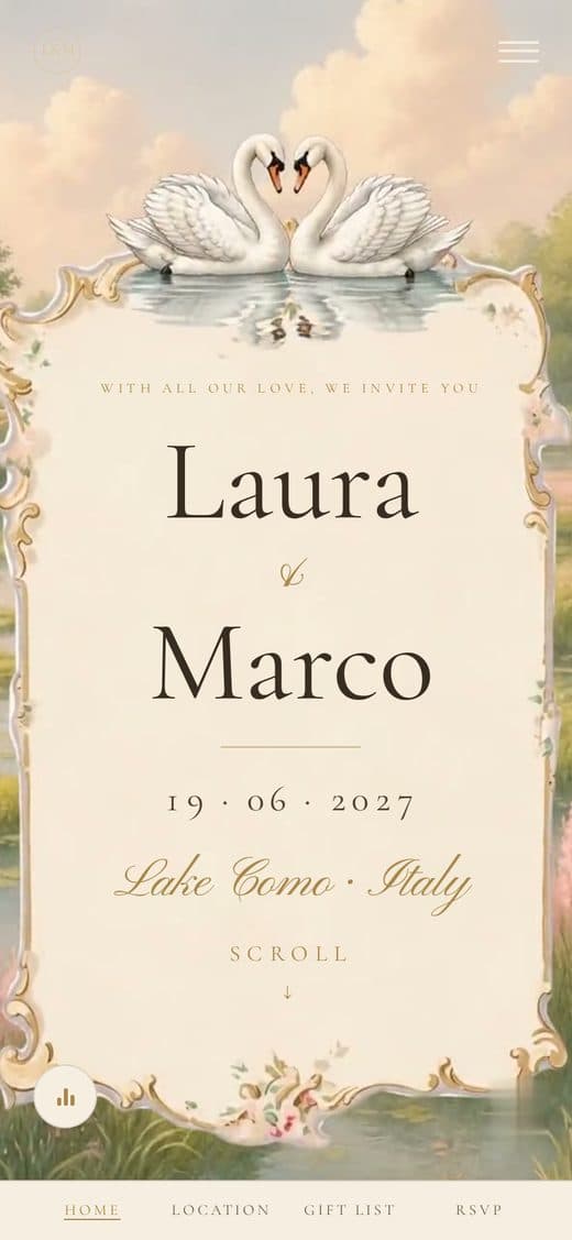 "Idillio" template — digital wedding invitation, painted swans and rococo frame