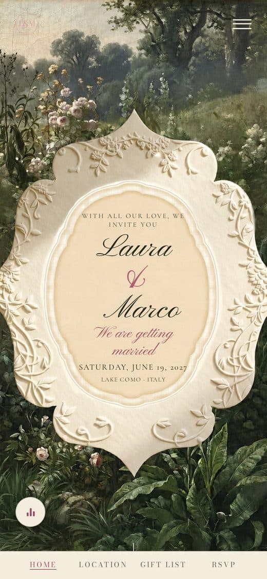 Template "Enchanted Woodland" — digital wedding invitation with a painted woodland and a relief frame