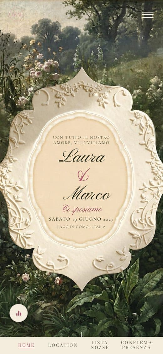 Modello "Incanto nel Bosco" — partecipazione matrimonio digitale con bosco dipinto e cornice a rilievo