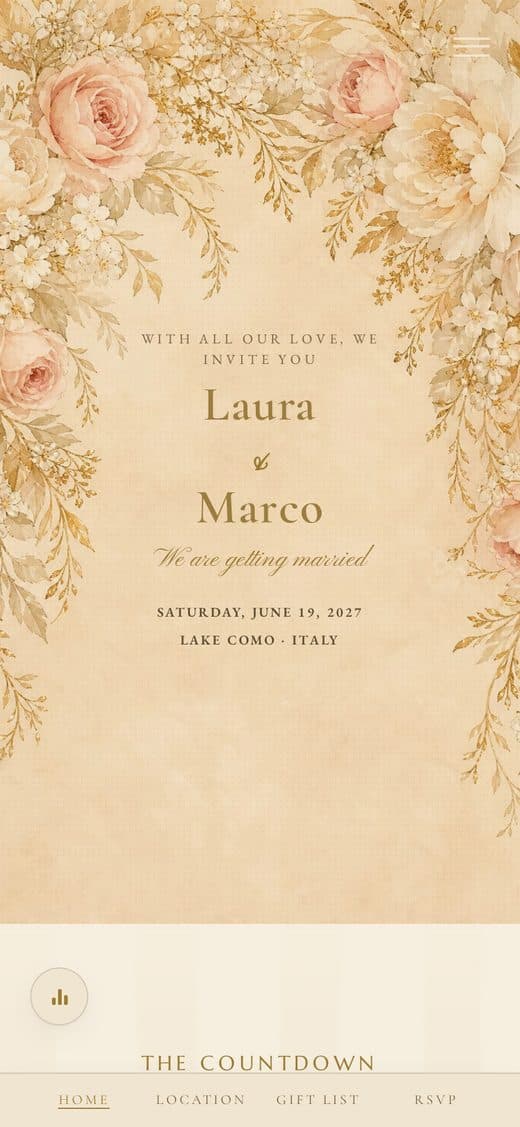 Template "Oro Antico" — beige and gold digital invitation, elegant and timeless