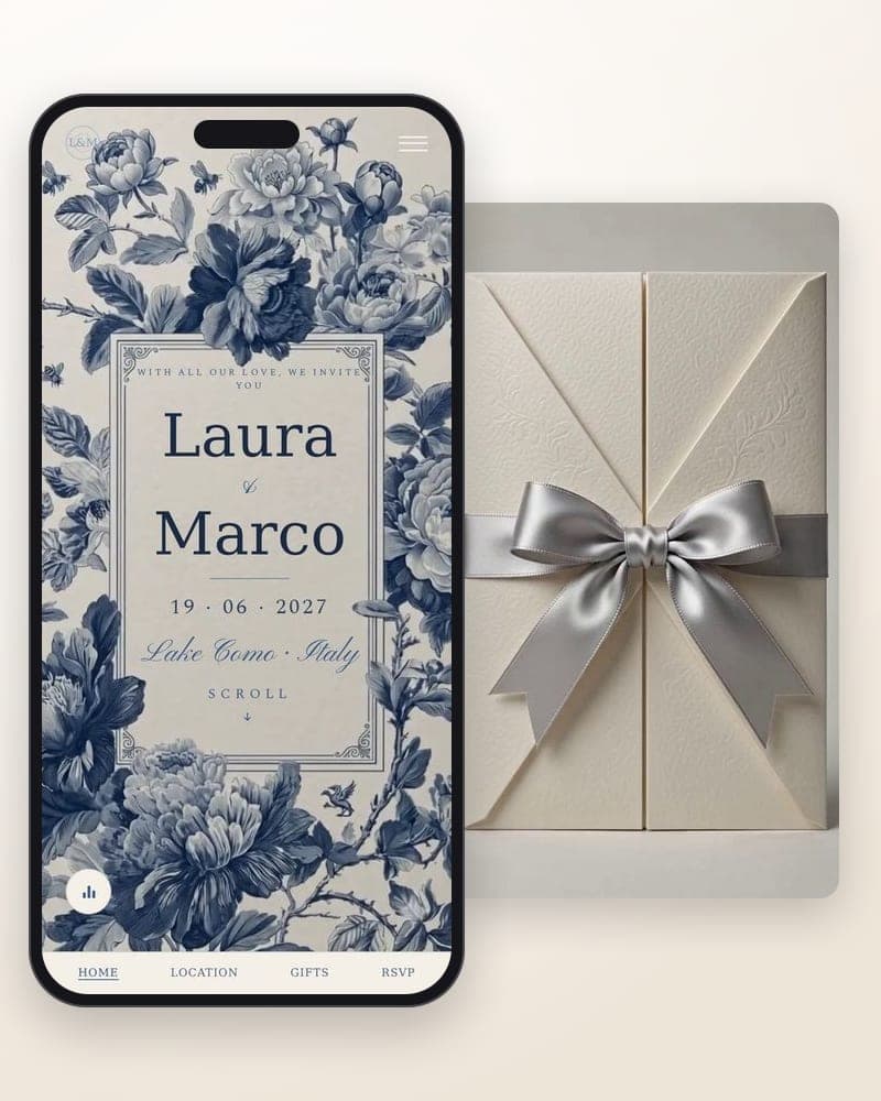 Toile de Jouy — Toile in four shades on cream paper, silver or white ribbon.