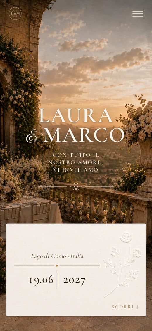 Modello "Villa Aurora" — partecipazione matrimonio digitale, terrazza al tramonto