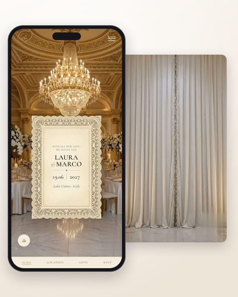 Villa Cortina — A curtain parting on the ballroom, lace and crystal.