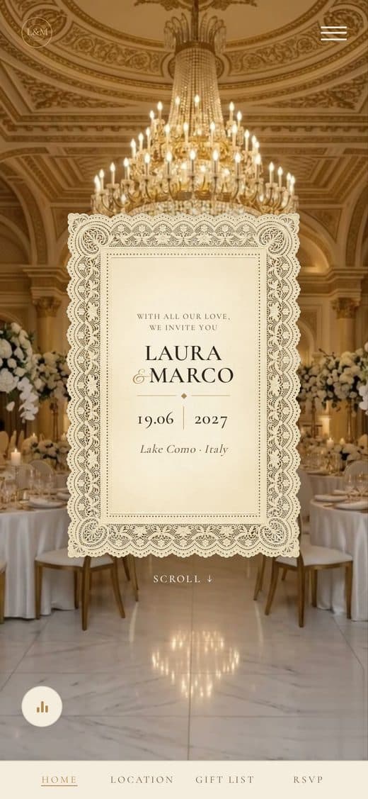 "Villa Cortina" template — digital wedding invitation, ballroom with curtains and lace