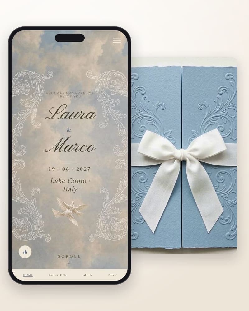 Volta Celeste — Painted sky and white scrollwork, cloth bow.