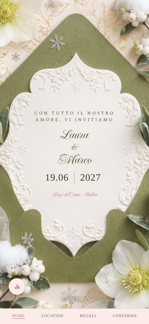 Modello "Winter Matcha" — partecipazione matrimonio digitale invernale e romantica con ellebori e neve