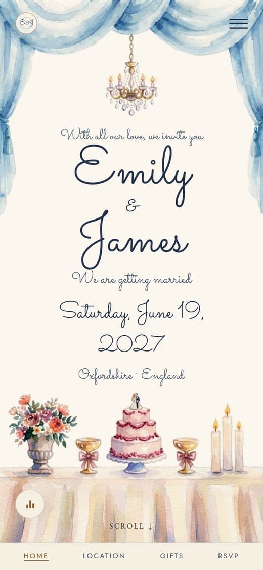 "First Dance" template — digital wedding invitation featuring blue drapes, a chandelier, and a celebration table painted in watercolour