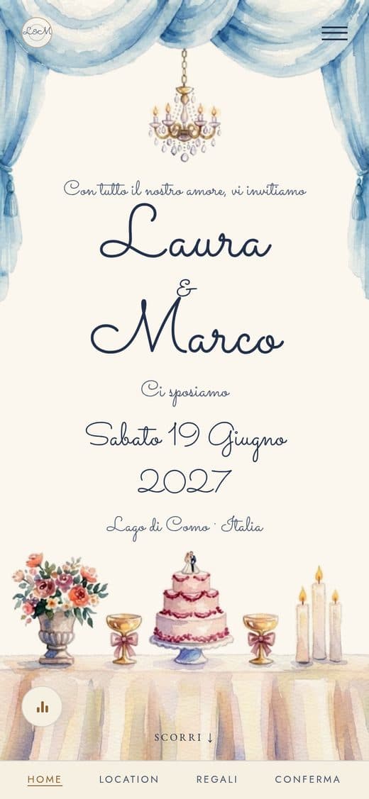 Modello "Primo Ballo" — partecipazione di matrimonio digitale con tende azzurre, lampadario e tavola della festa dipinti ad acquerello