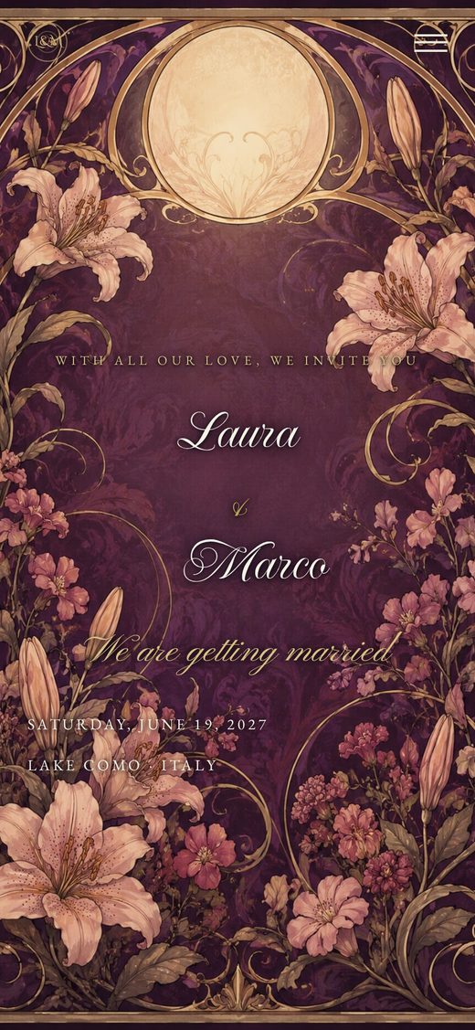 Template "Art Nouveau" — floral Liberty-style digital wedding invitation