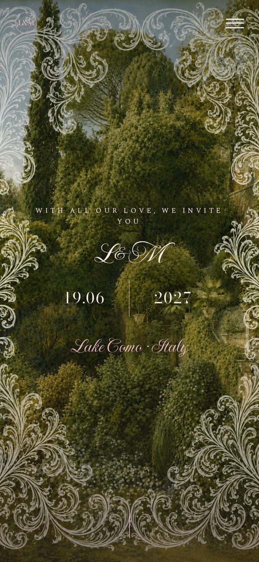 Template "Summer Garden" — digital wedding invitation with a green garden and a pink-lace cartouche