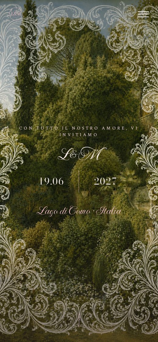 Modello "Giardino d'Estate" — partecipazione matrimonio digitale con giardino verde e cartiglio in pizzo rosa
