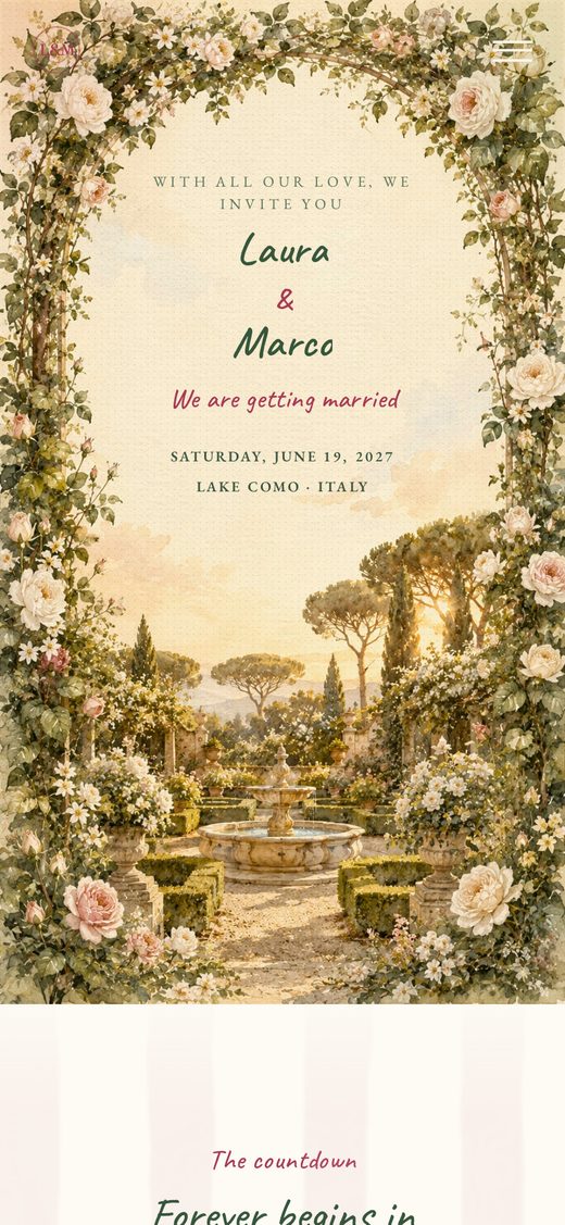 Template "The Secret Garden" — digital wedding invitation with a watercolor rose arch