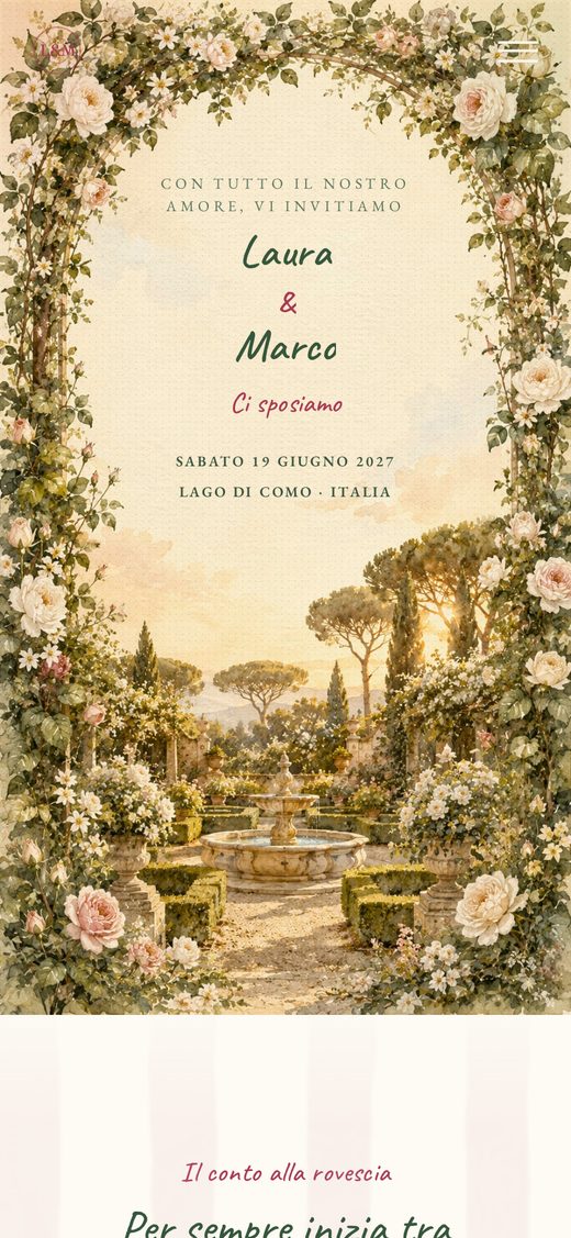 Modello "Il Giardino Segreto" — partecipazione matrimonio digitale con arco di rose ad acquerello